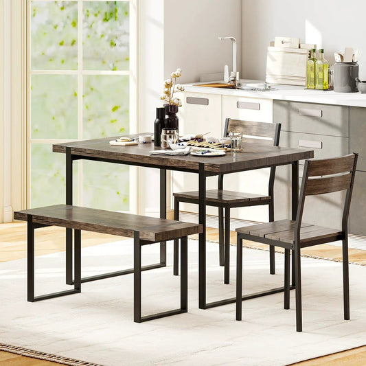 Dining table set with bench and 2 chairs; dark wood top, black metal frame, seats four on Tampa Home & Garden Store
