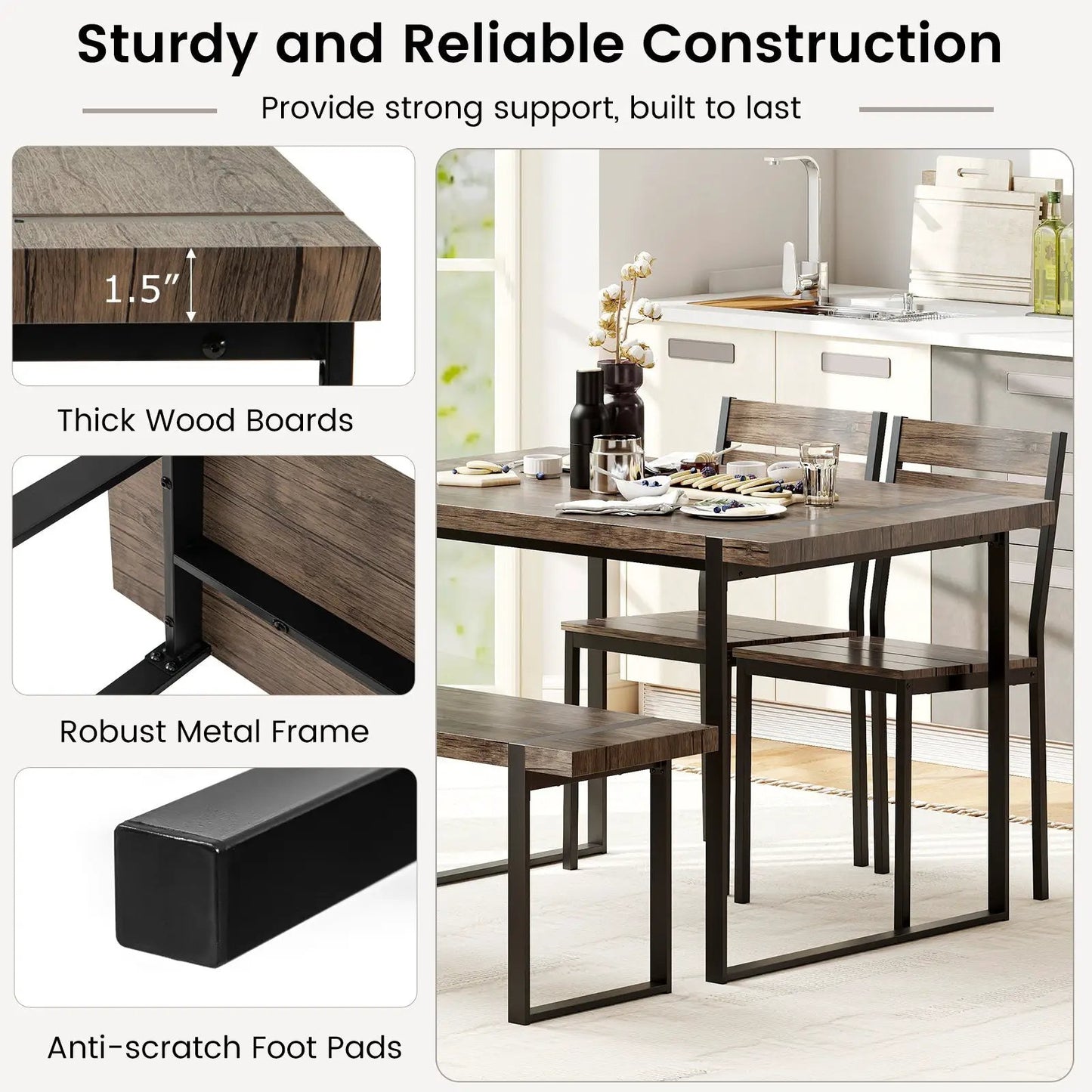 4-Piece DirectDeals dining table set with bench and chairs, dark wood top, black metal frame on Tampa Home & Garden Store