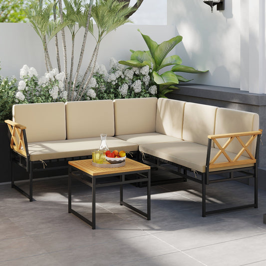 4 Pieces Patio L-Shaped Sofa Set with Cushions and Side Table-Brown - Tampa Home & Garden Store