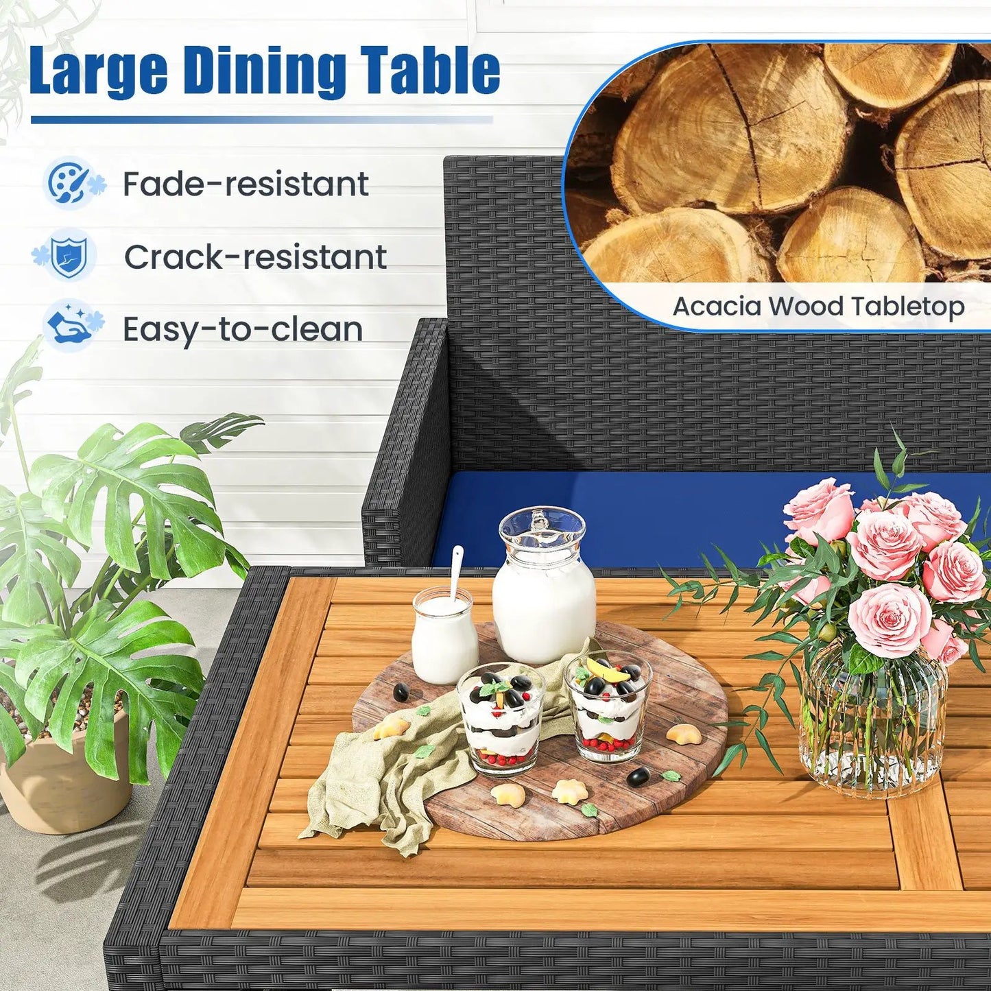 Outdoor dining set navy with wood-topped table in black wicker 4-piece on Tampa Home & Garden Store