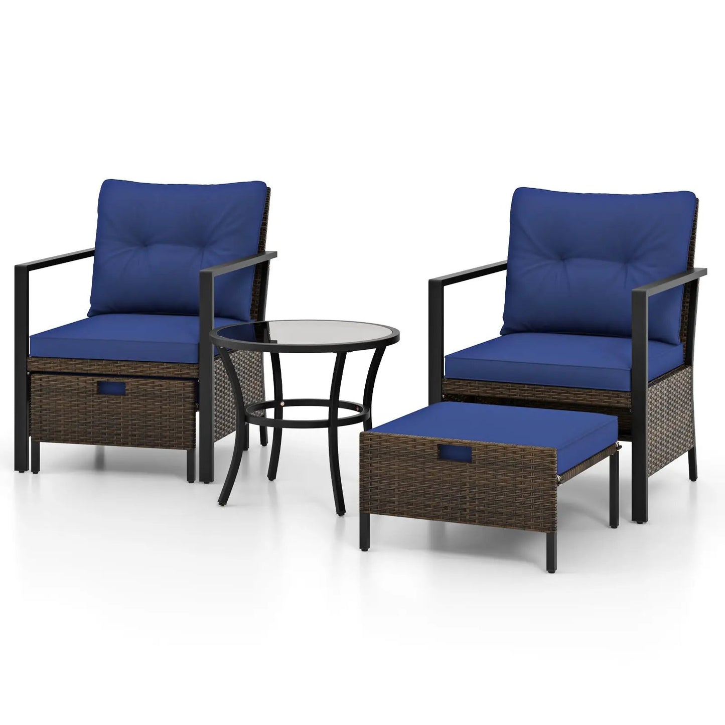 4-piece outdoor furniture set with blue cushions, wicker frames and glass coffee table on Tampa Home & Garden Store