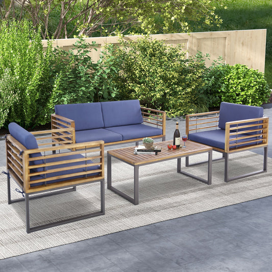 4 Piece Patio Acacia Wood Conversation Set with Soft Seat-Navy - Tampa Home & Garden Store