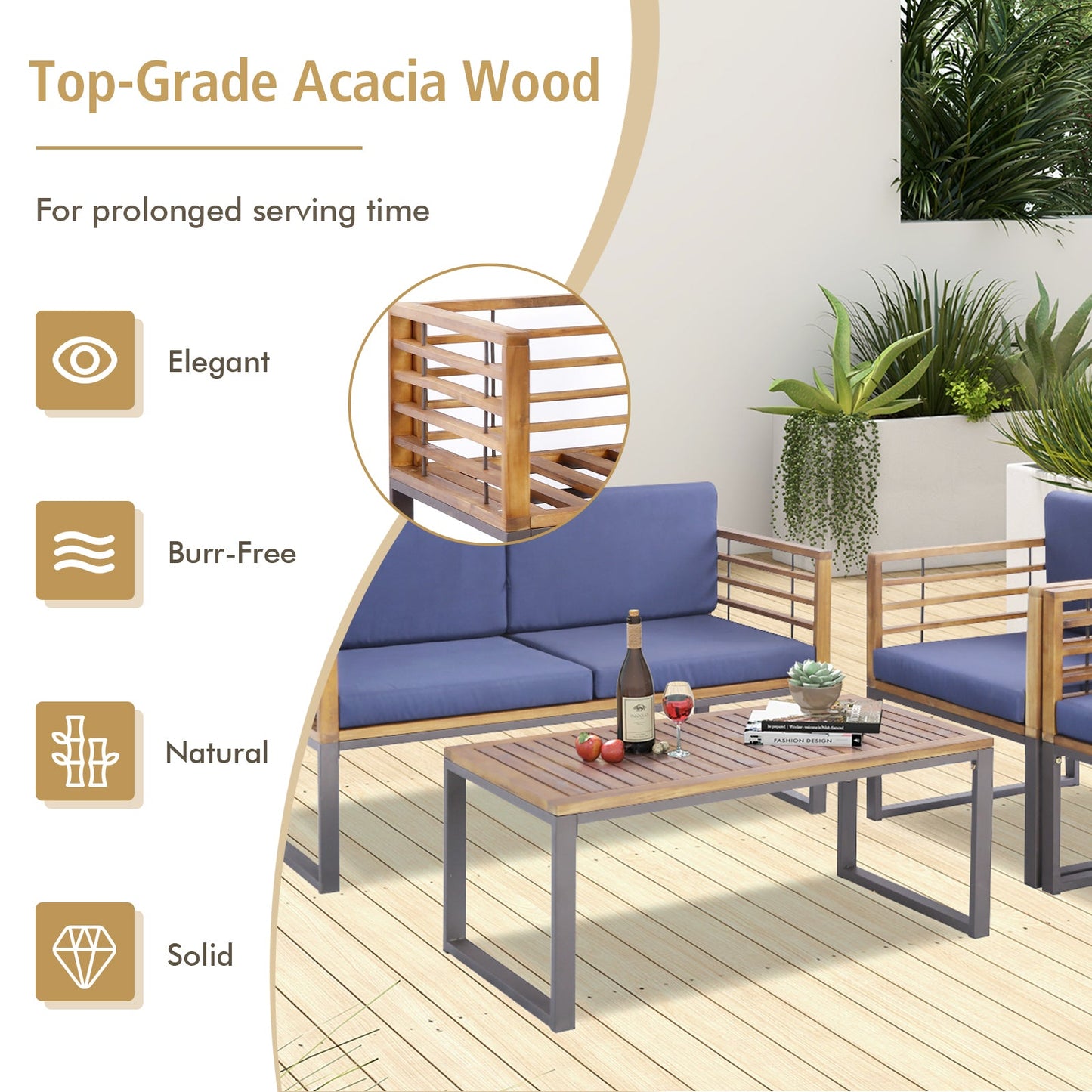 Juego de conversación de patio de madera de acacia de 4 piezas con asiento suave - Azul marino