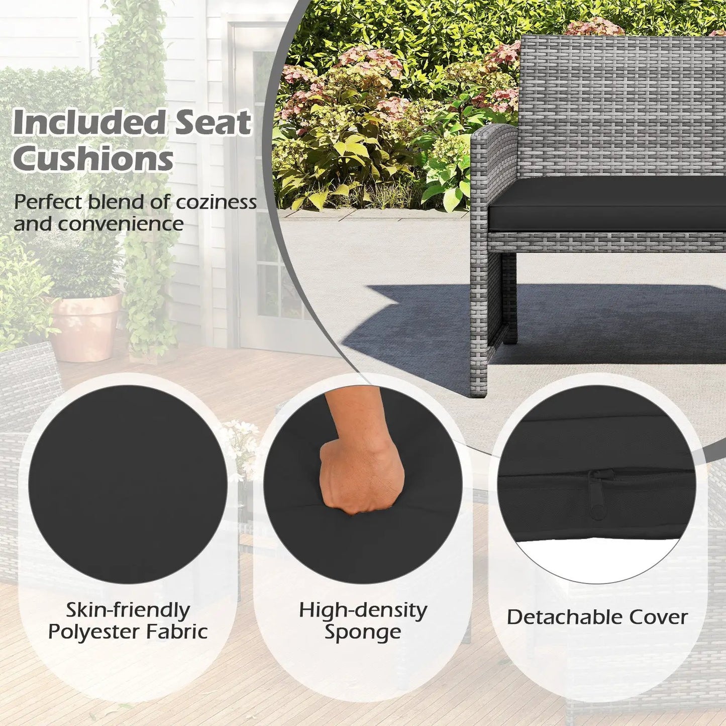 4 Piece Patio Conversation Set with Rattan Table gray wicker with black cushions DirectDeals outdoor furniture set on Tampa Home & Garden Store