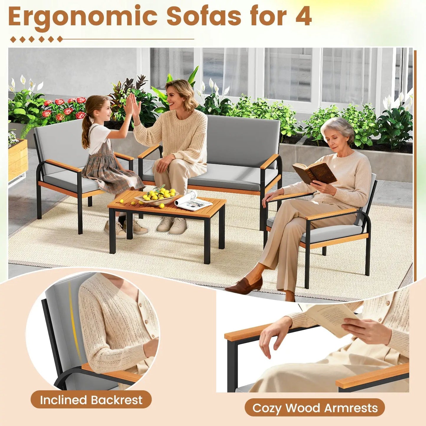 4 Piece Patio Set with Coffee Table and Loveseat, two chairs, gray cushions, wood armrests on Tampa Home & Garden Store