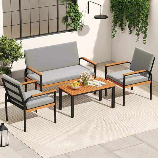 4 Piece Patio Set with Coffee Table and Loveseat gray cushions, wood armrests DirectDeals on Tampa Home & Garden Store