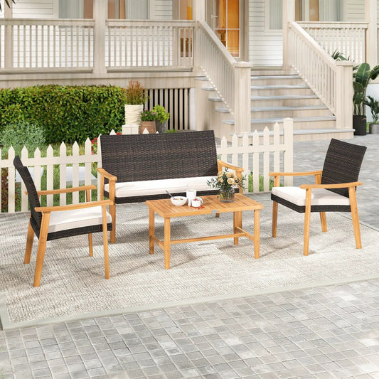 Patio Furniture Set PE Rattan with Acacia Wood 4-piece seating in dark brown rattan with cushions on Tampa Home & Garden Store