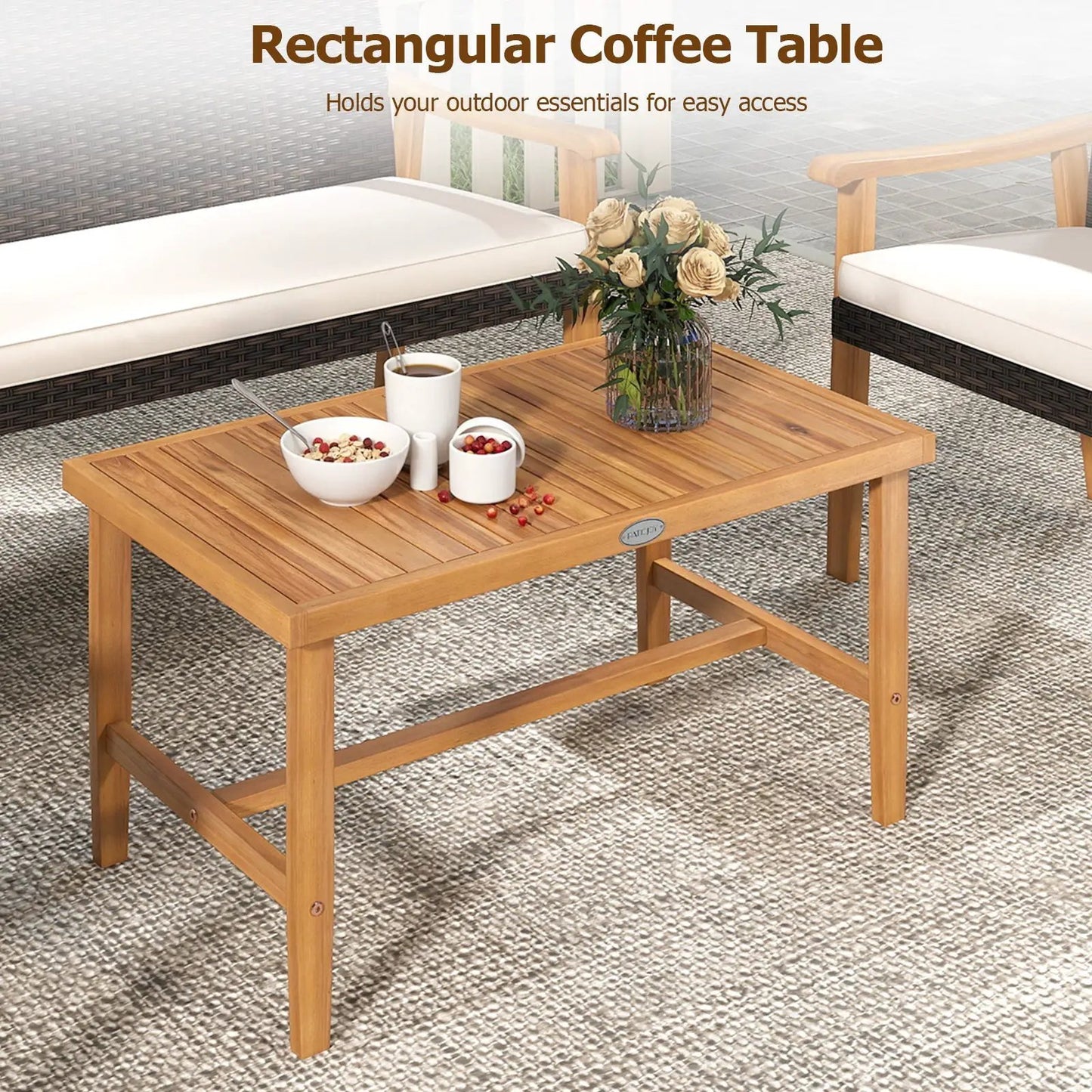 Rectangular coffee table with acacia wood frame and PE rattan top, part of 4-piece patio set on Tampa Home & Garden Store