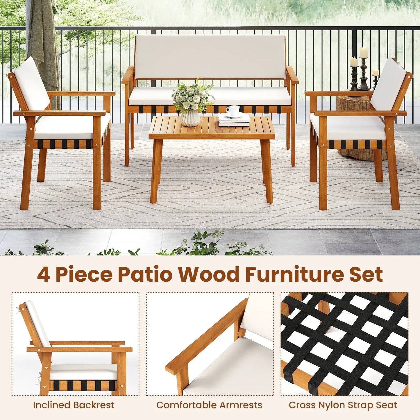 4-piece white wood patio furniture set with cushioned chairs and coffee table on Tampa Home & Garden Store