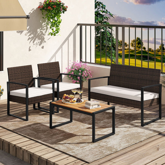 4 Piece Patio Furniture Set Outdoor Rattan Conversation Set with Cushioned Chairs and Wood Plastic Coffee Table-Off White - Tampa Home & Garden Store