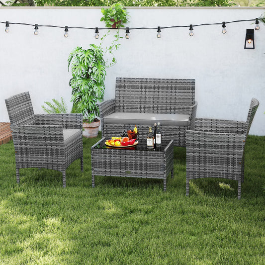4 Piece Patio Rattan Conversation Set with Cozy Seat Cushions-Light Gray - Tampa Home & Garden Store