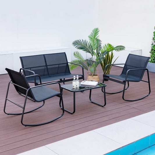 4 Piece Patio Rocking Set with Glass-Top Table-Black - Tampa Home & Garden Store