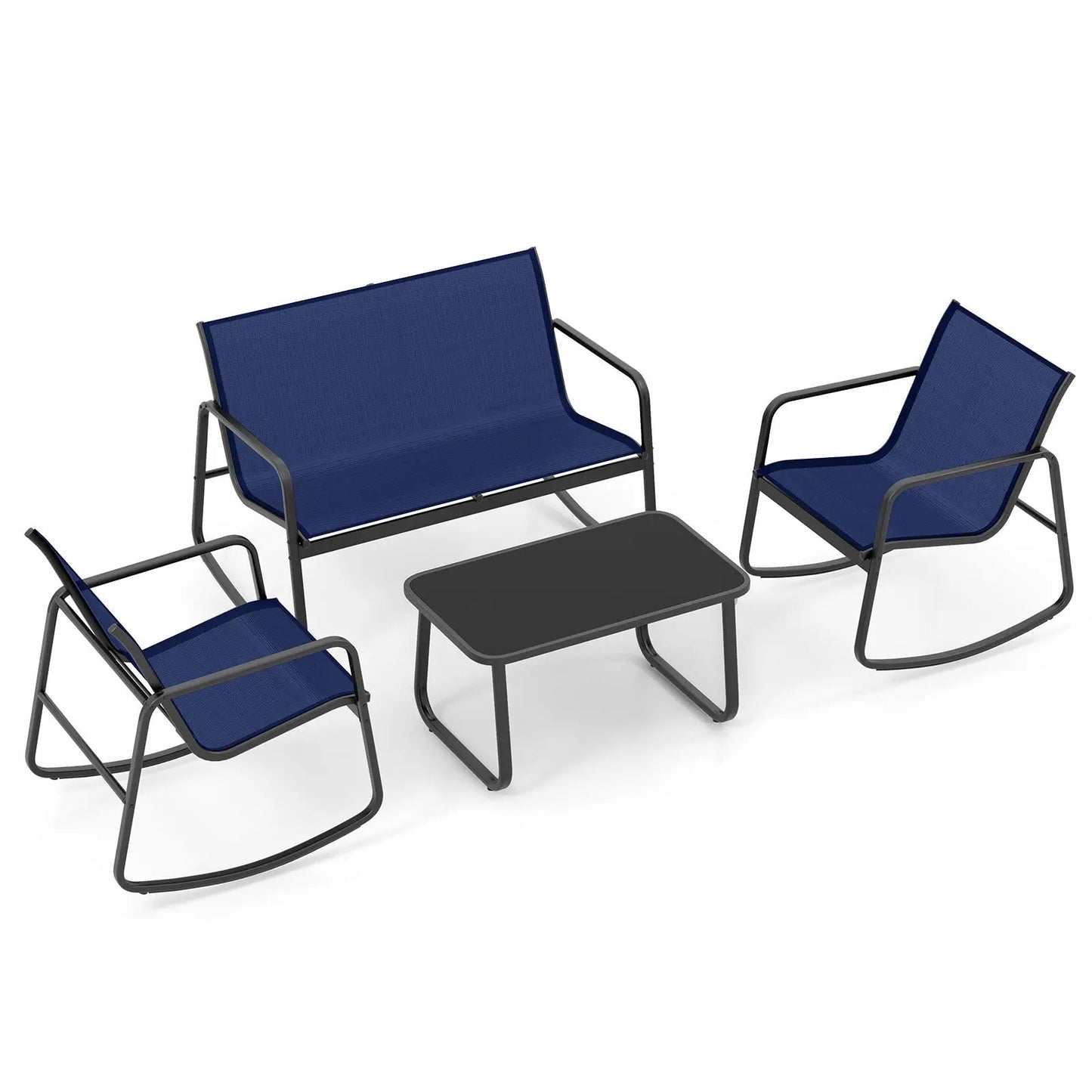 4 Piece Patio Rocking Set blue mesh chairs and glass-top table on Tampa Home & Garden Store