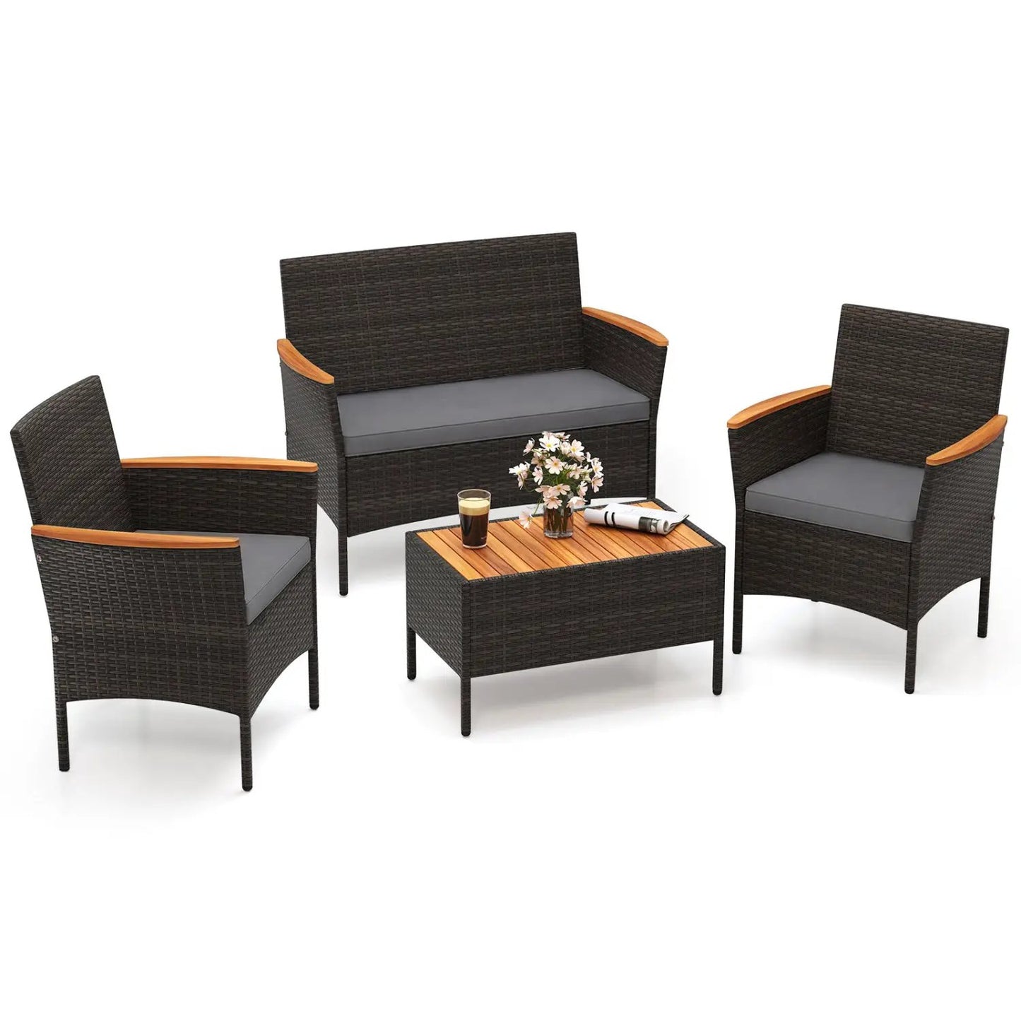 4 Piece Brown Patio Wicker Set with loveseat, 2 chairs, and wood-top coffee table gray cushions on Tampa Home & Garden Store