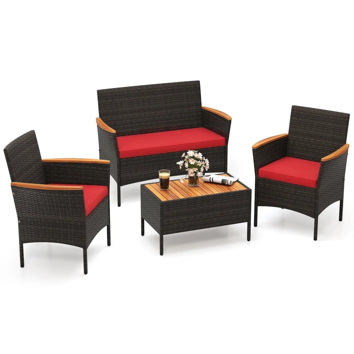 4-Piece Brown Patio Wicker Sofa Set with Table red cushions DirectDeals on Tampa Home & Garden Store