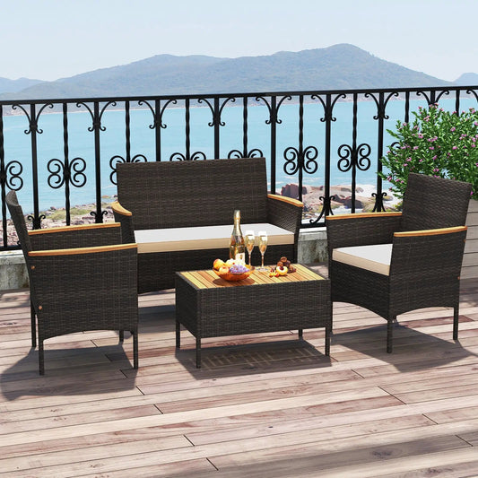 4 Piece Patio Wicker Sofa Set 2 Rattan Chairs and Loveseat with Table-Brown - Tampa Home & Garden Store