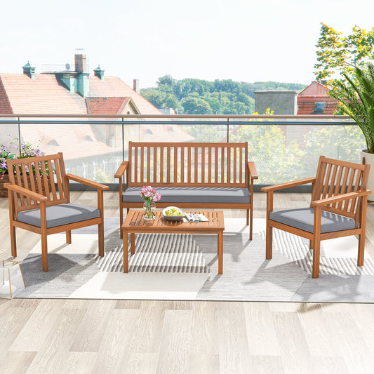 4 Piece Patio Wood Furniture Set Acacia Wood Sofa Set with Loveseat-Gray - Tampa Home & Garden Store