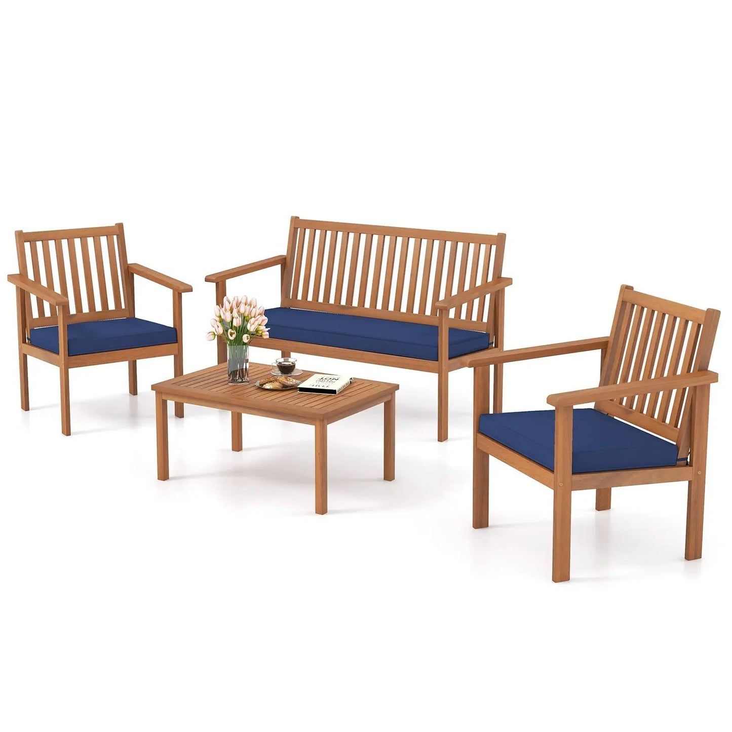 4 Piece Acacia Wood Patio Set with Loveseat navy cushions includes 2 chairs and coffee table on Tampa Home & Garden Store