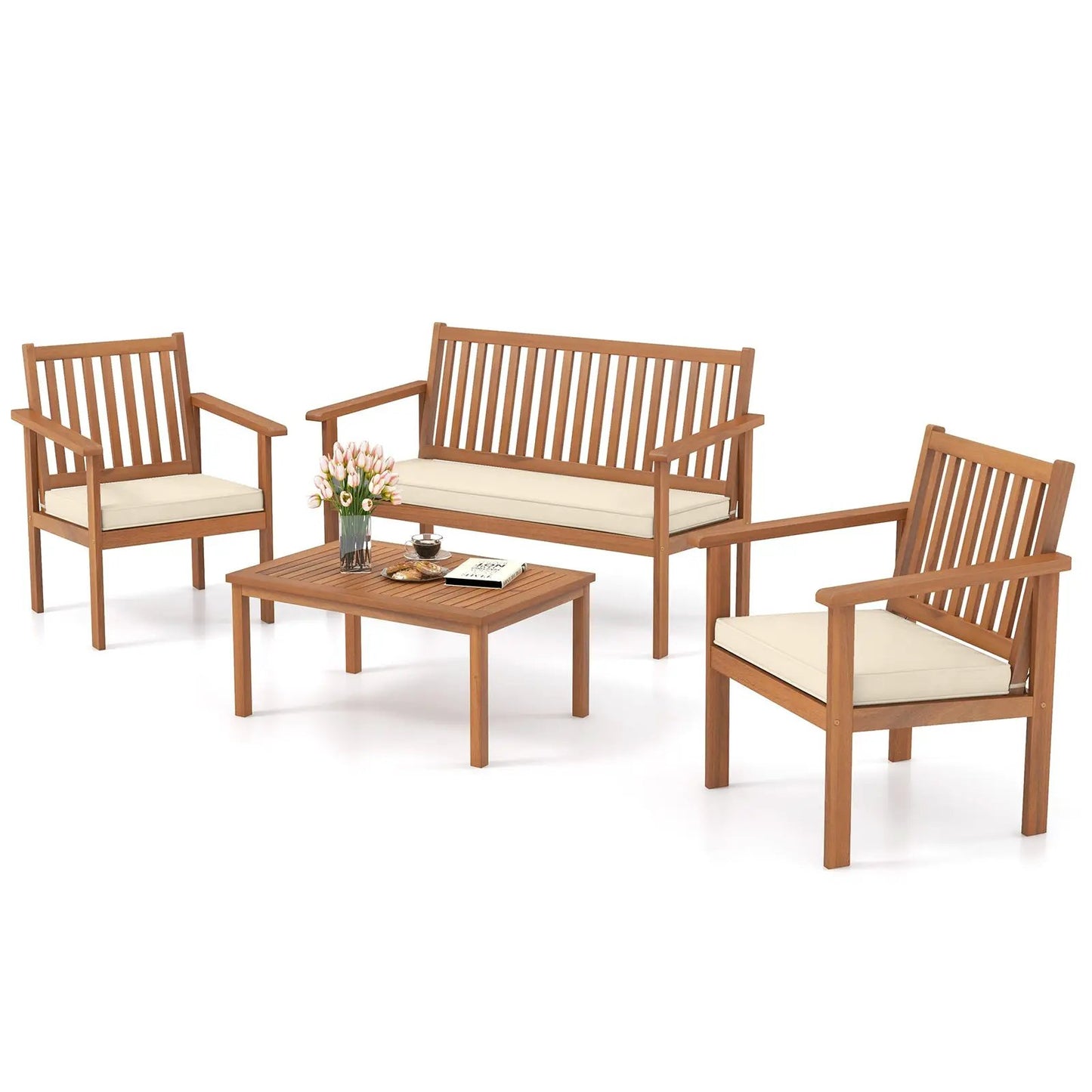 4-Piece Acacia Wood Patio Set with Loveseat; natural finish with cream cushions on Tampa Home & Garden Store