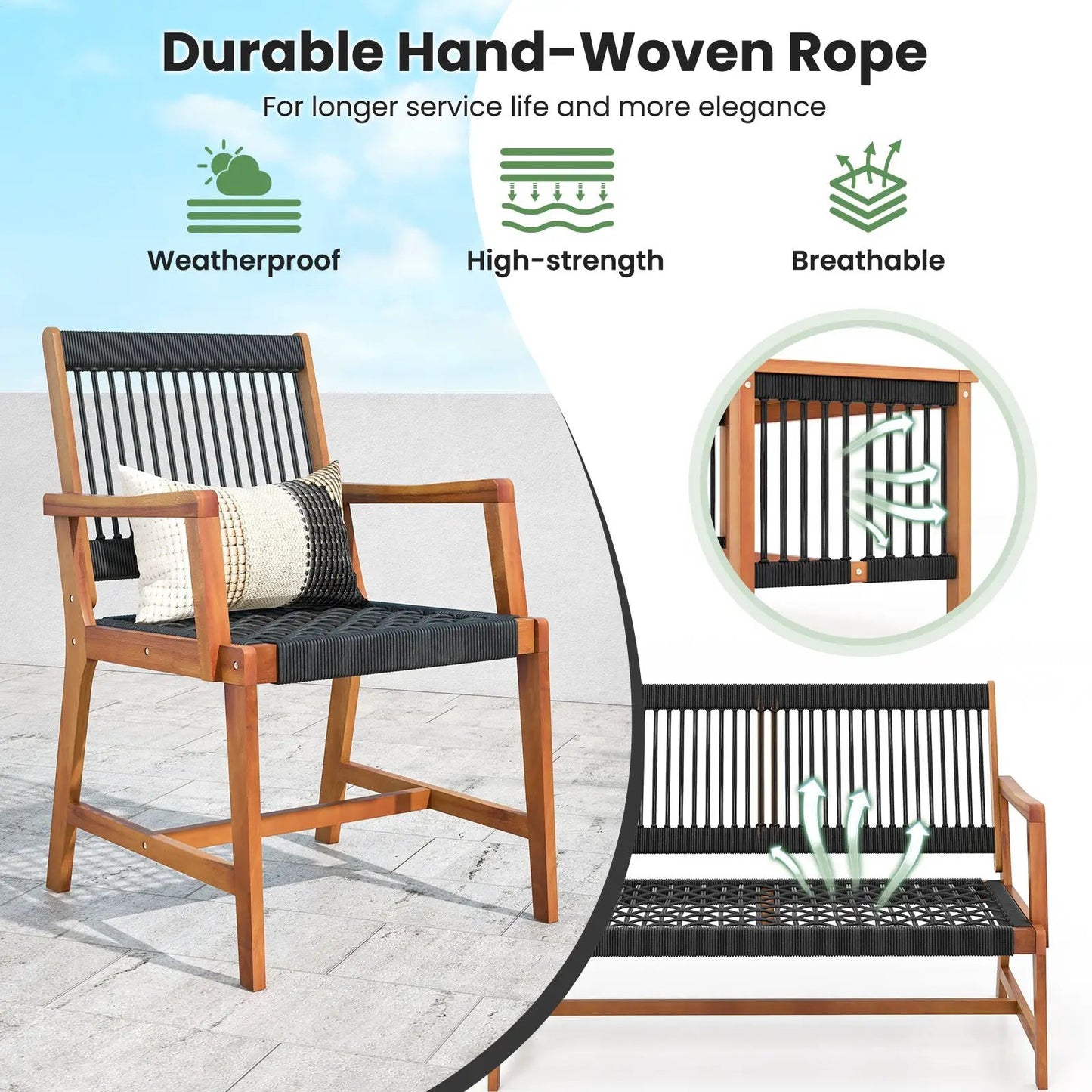 Acacia Wood Conversation Table and Chair Set with black woven rope seats, 4-piece DirectDeals on Tampa Home & Garden Store