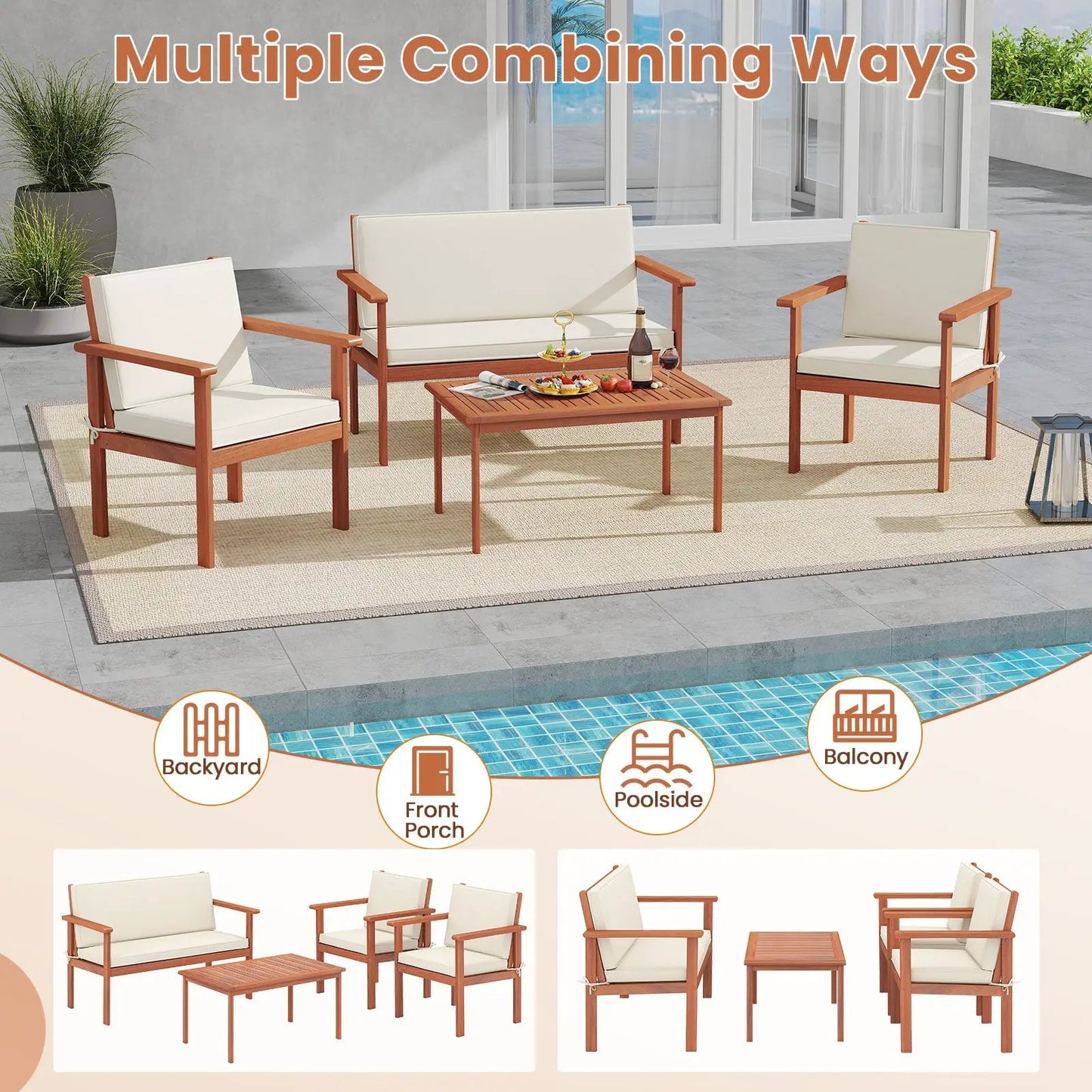Four-piece acacia wood outdoor patio set with cream cushions and slatted coffee table on Tampa Home & Garden Store