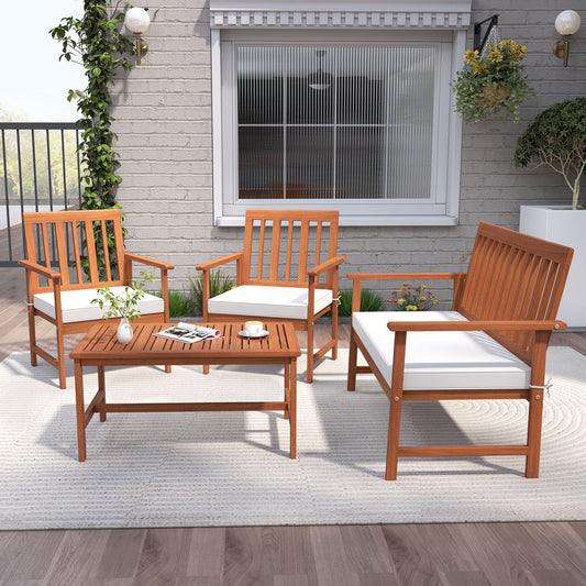 4 Pieces Acacia Wood Furniture Set with Seat Cushions and Robust Wood Frame-White - Tampa Home & Garden Store