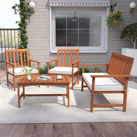 4 Pieces Acacia Wood Furniture Set with Seat Cushions and Robust Wood Frame-White - Tampa Home & Garden Store