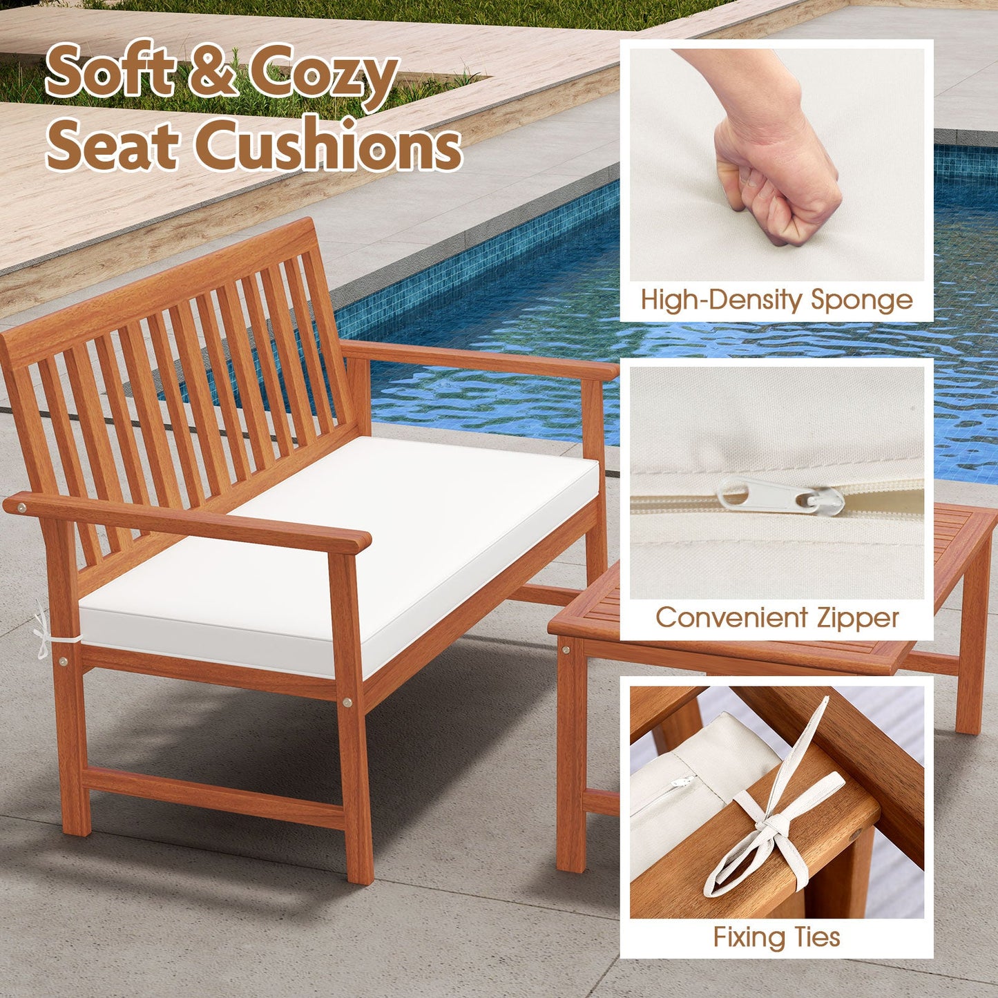 Acacia wood outdoor furniture set with white seat cushions, 4 pieces on Tampa Home & Garden Store