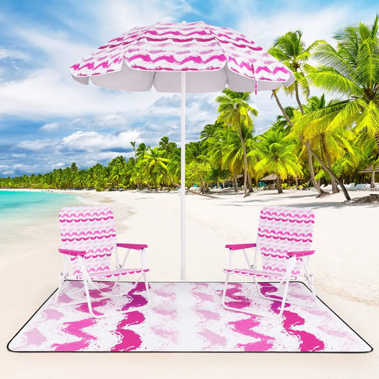 4-piece Beach Umbrella Set with 2 pink folding chairs and pink zigzag blanket on Tampa Home & Garden Store