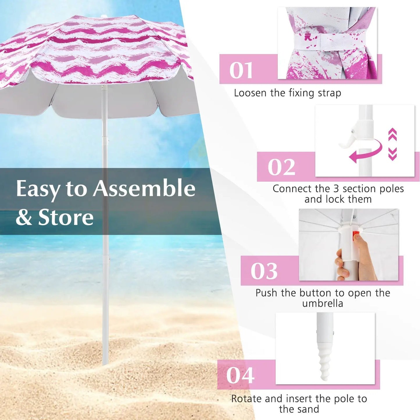 Beach umbrella set with pink canopy and white pole on a sandy beach; assembly steps shown on Tampa Home & Garden Store