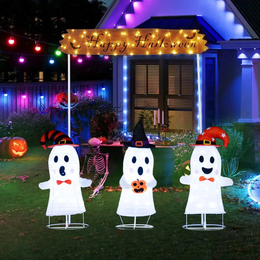 4 piece white Halloween ghost inflatables with LED lights in yard under Halloween sign on Tampa Home & Garden Store