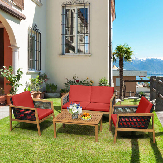 4 Pieces Patio Rattan Furniture Set with Removable Cushions-Red - Tampa Home & Garden Store