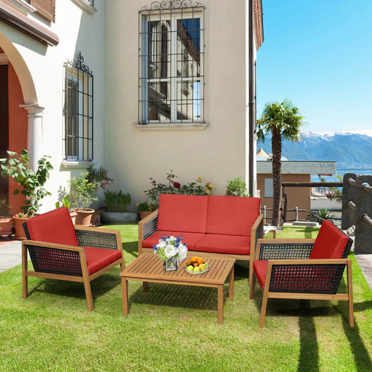 4 Pieces Patio Rattan Furniture Set with Removable Cushions-Red - Tampa Home & Garden Store