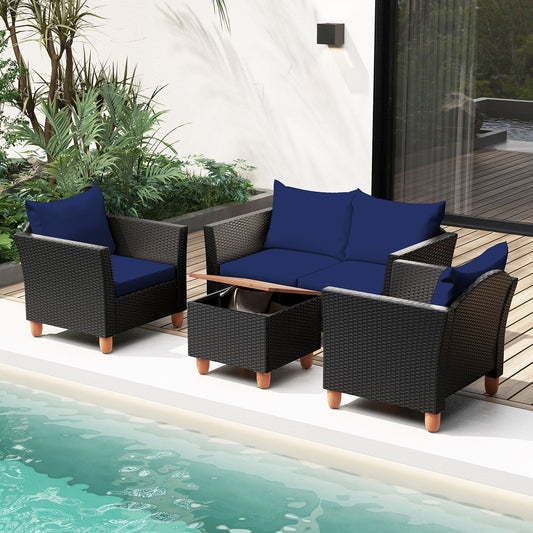 4 Pieces Outdoor Conversation Set with Storage Coffee Table-Navy - Tampa Home & Garden Store