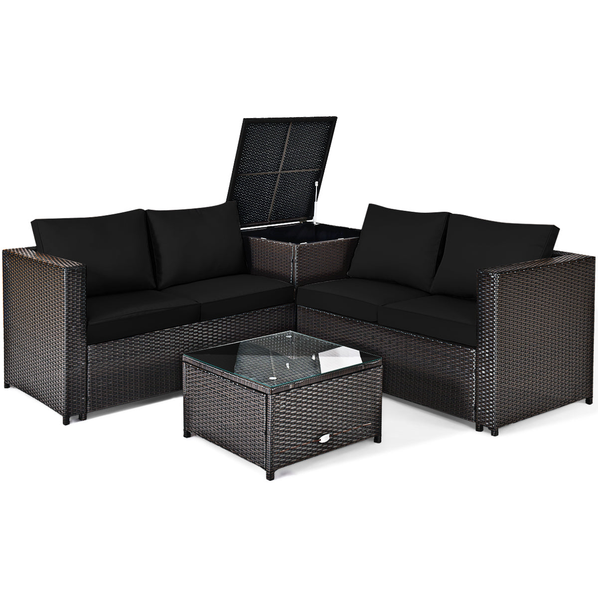 Juego de muebles de ratán para patio exterior de 4 piezas con sofá biplaza acolchado y caja de almacenamiento - Rojo
