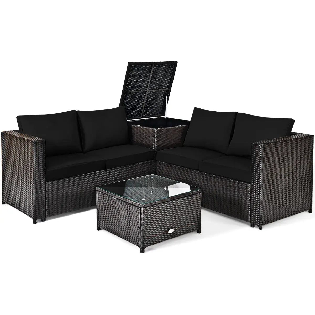 4 Pieces Outdoor Patio Rattan Furniture Set with Cushioned Loveseat and Storage Box-Red - Tampa Home & Garden Store