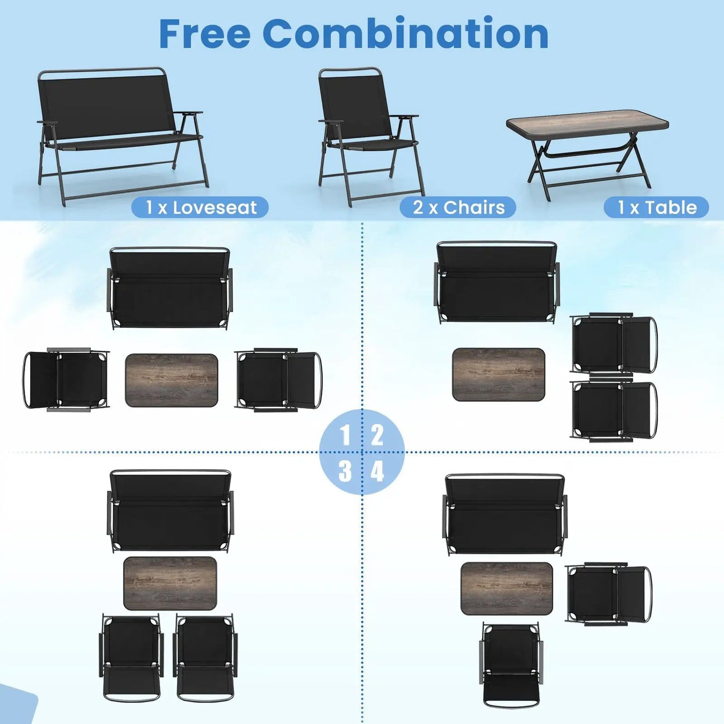 4 Pieces Patio Folding Furniture Set with SPC Coffee Table and Patio Chairs-Black - Tampa Home & Garden Store