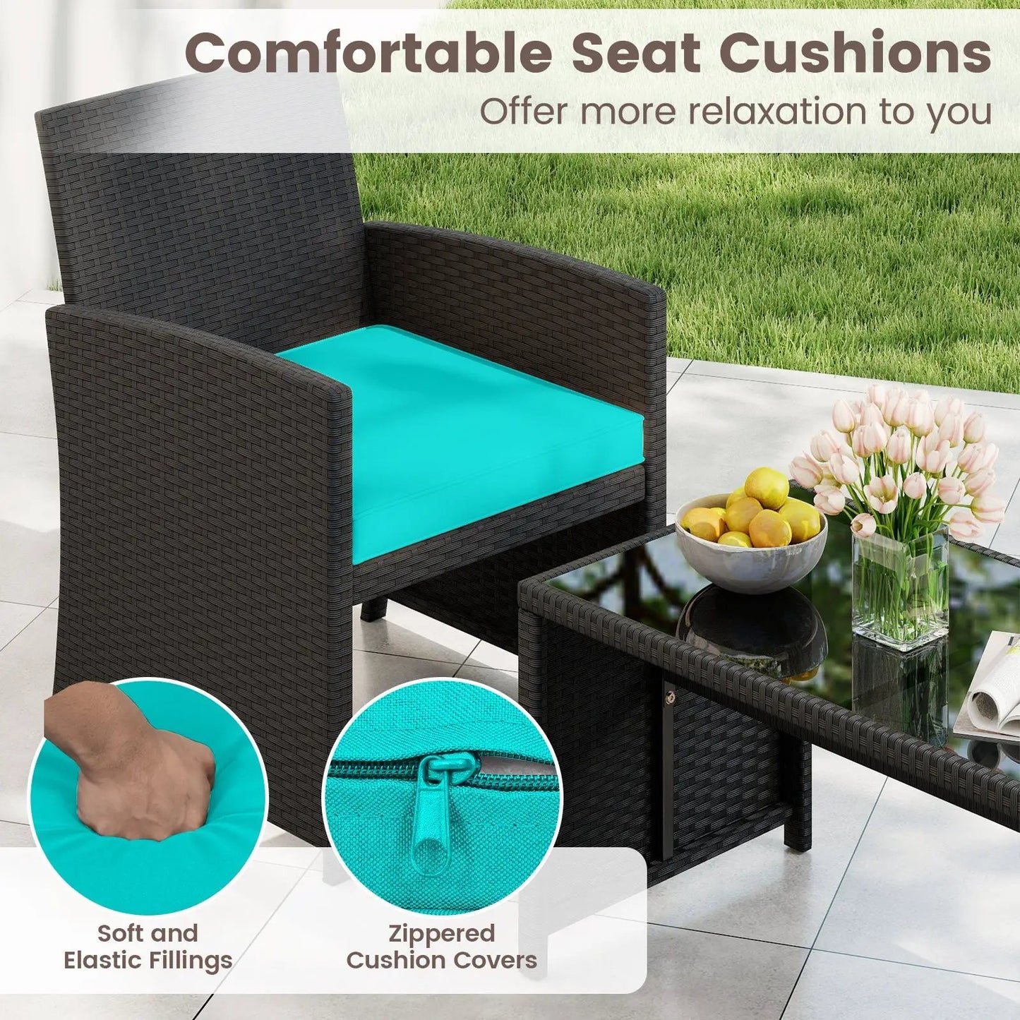 Four Piece Patio Set with tempered glass tabletop in dark wicker and turquoise cushions on Tampa Home & Garden Store