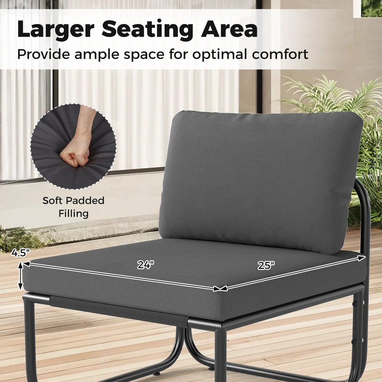 Gray outdoor patio chair with padded cushions and metal frame, DirectDeals set on Tampa Home & Garden Store