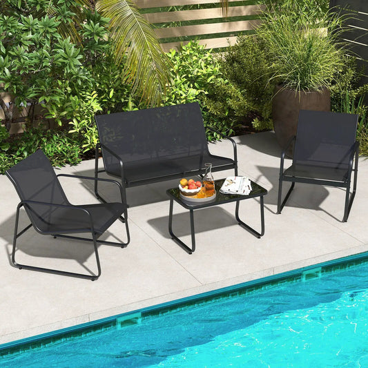 4 Pieces Outdoor Conversation Set with Tempered Glass Coffee Table-Black - Tampa Home & Garden Store