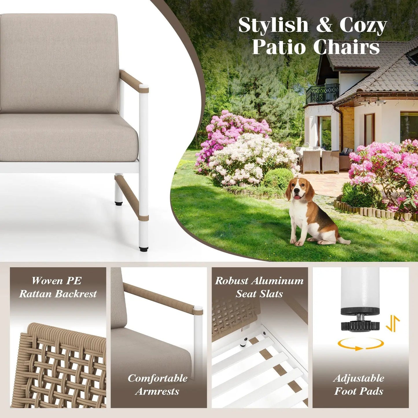 Outdoor patio set DirectDeals with beige cushions, white frame, 4-piece with coffee table on Tampa Home & Garden Store