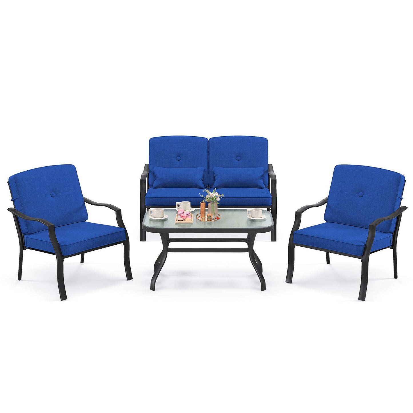 Juego de conversación para exterior de 4 piezas con cojines de asiento y almohadas lumbares - Gris