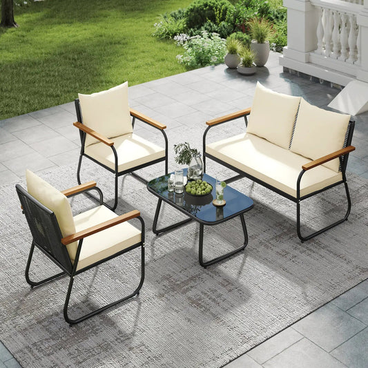 4 Pieces Patio Furniture Set with Tempered Glass Coffee Table - Tampa Home & Garden Store