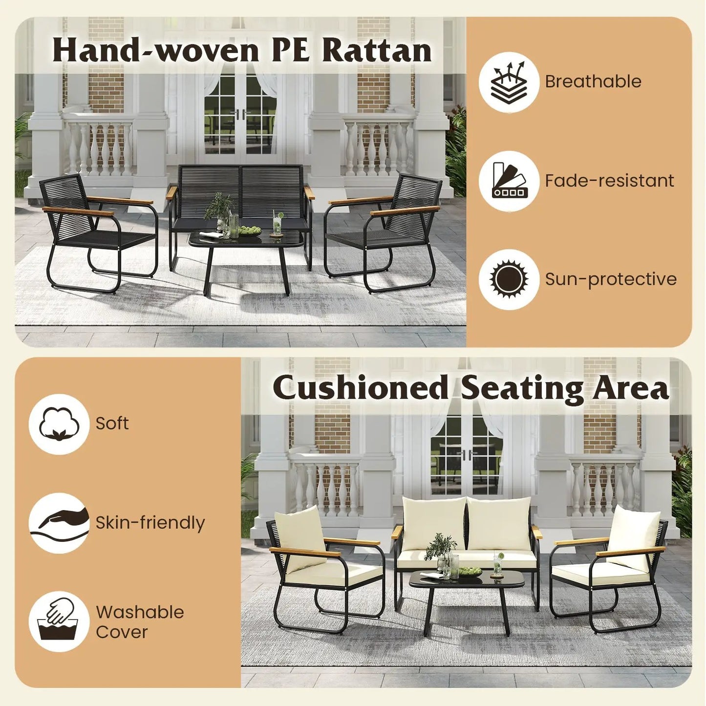 DirectDeals 4-Piece patio set with tempered glass coffee table, black metal frames and wood armrests on Tampa Home & Garden Store