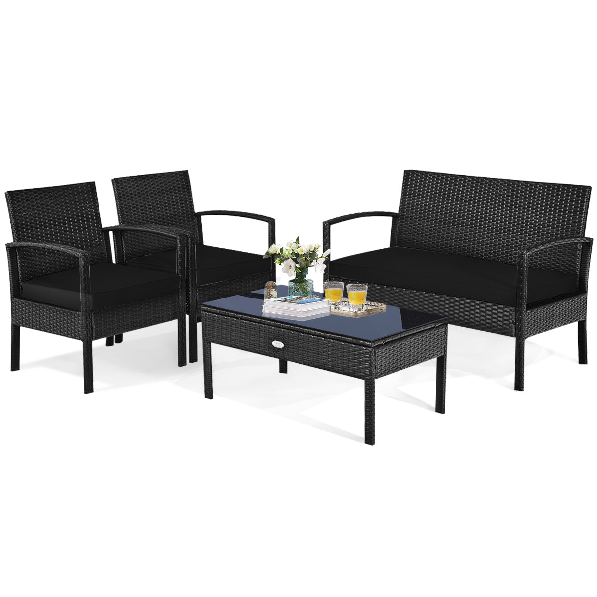 Juego de muebles de patio de ratán de 4 piezas con cojines, sofá de dos plazas y mesa - Marrón