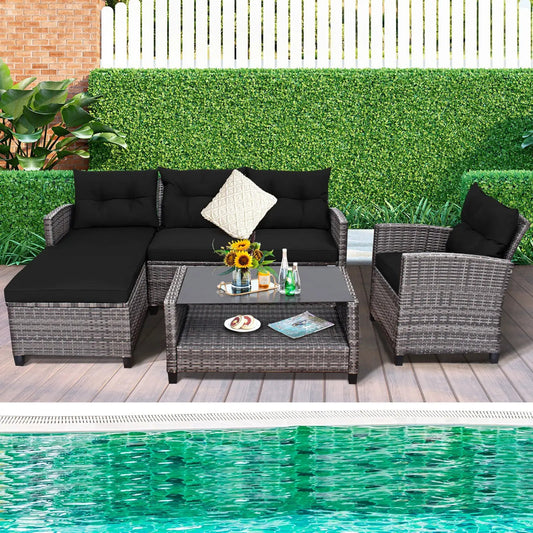 4 Pieces Patio Rattan Sofa Furniture Set with Cushion and 2-Tier Coffee Table-Black - Tampa Home & Garden Store
