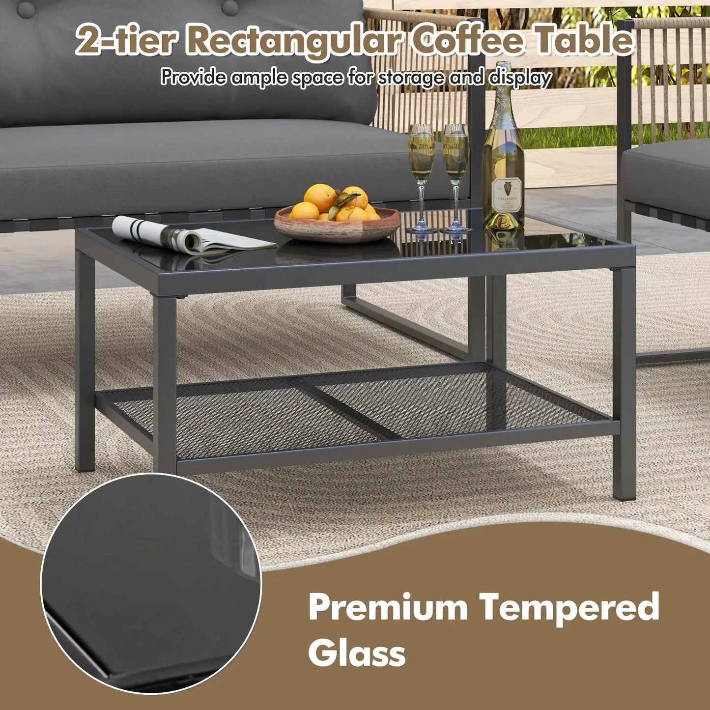 4-piece outdoor PE rattan sofa set with grey cushions and glass-top coffee table on Tampa Home & Garden Store
