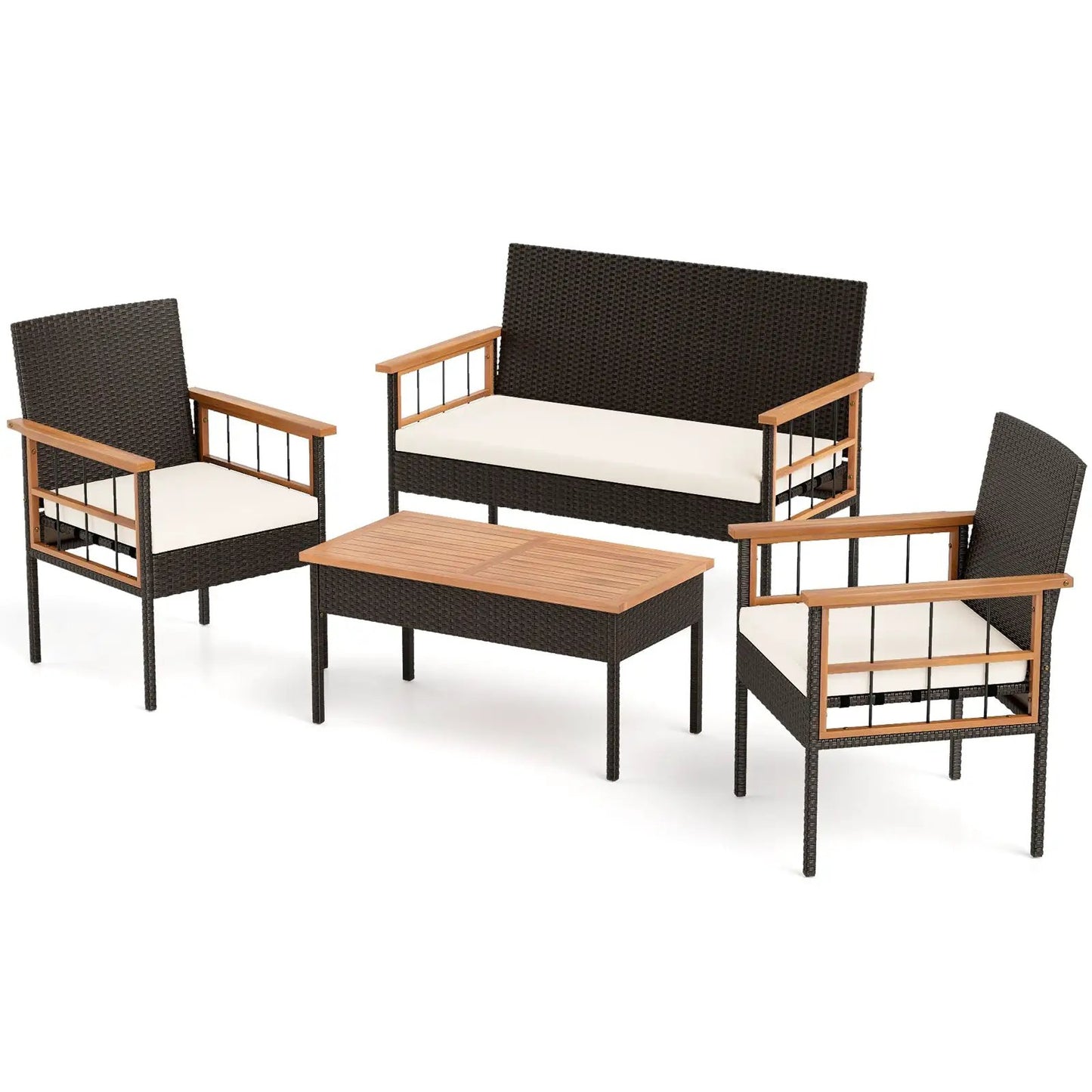 4-piece wicker set with acacia tabletop, dark brown wicker, wood arms, white cushions on Tampa Home & Garden Store