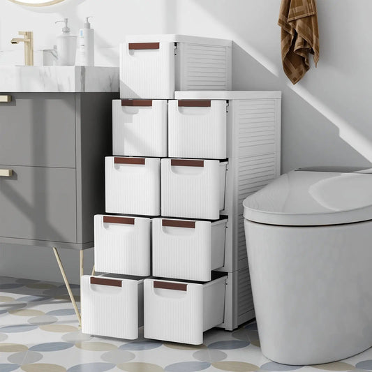 Narrow 4 Drawer Rolling Organizer With Wheels white ribbed drawers brown handles tower storage on Tampa Home & Garden Store