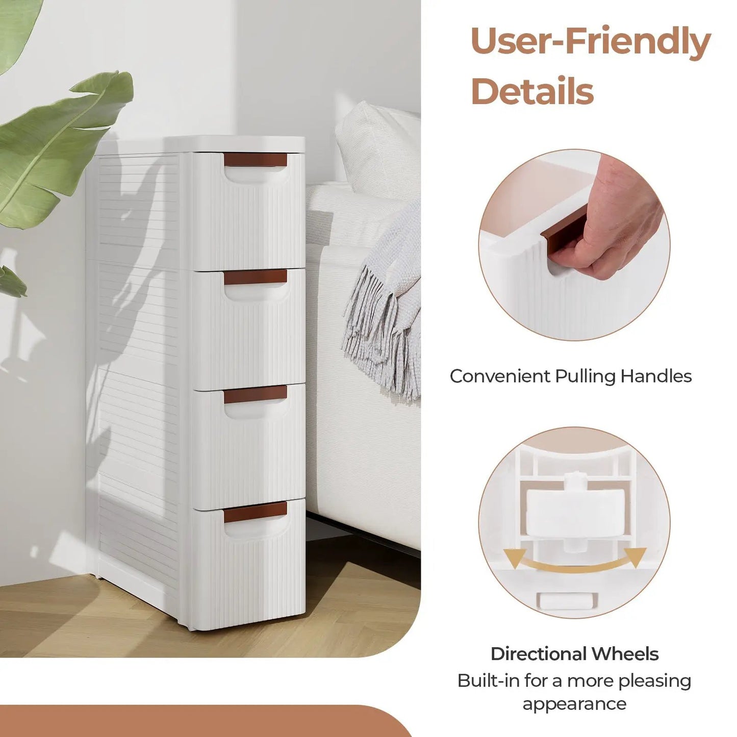 Narrow 4-drawer rolling organizer in white with brown pulls for small spaces with wheels on Tampa Home & Garden Store